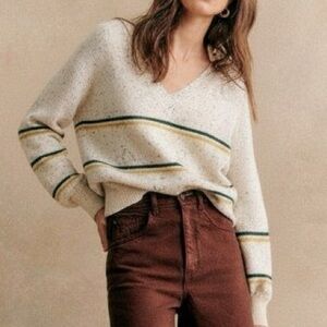 CHARLI Cashmere V Neck Striped Sweater in Marled Oatmeal